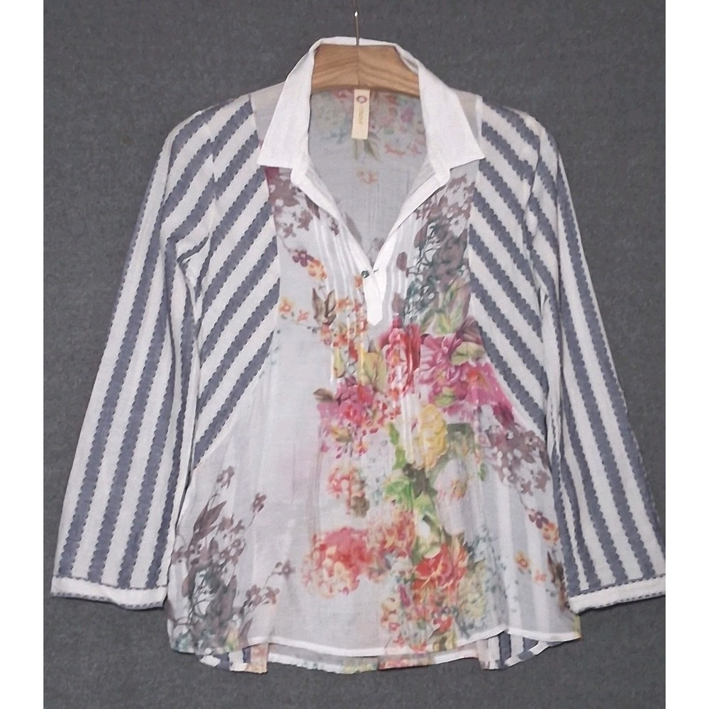 Anthropologie Cyrena Top Long Roll Tab Sleeve Shirt Floral Striped Eclectic - M